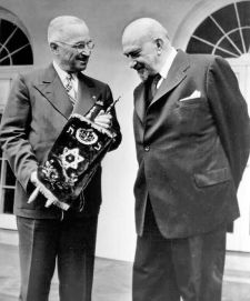 President Harry Truman receives a Torah Scroll from Dr. Chaim Weizmann.